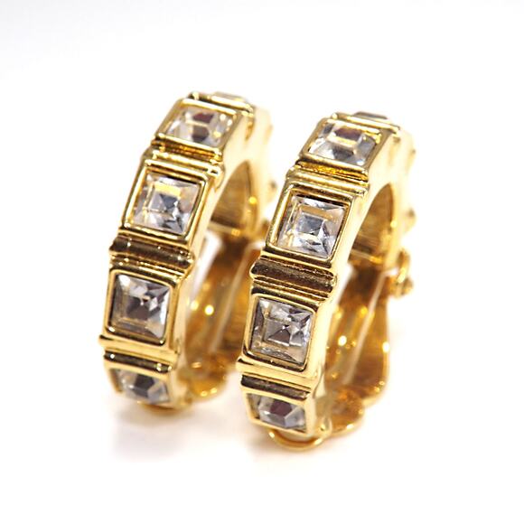 Swarovski Swan Logo Clip Earrings Gold Plated Square Crystal Rhinestone Vintage - Picture 5 of 10